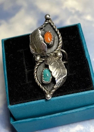 OLD PAWN Navajo signed Sterling Silver Turquoise & Coral Elongated 925 Ring 5.5