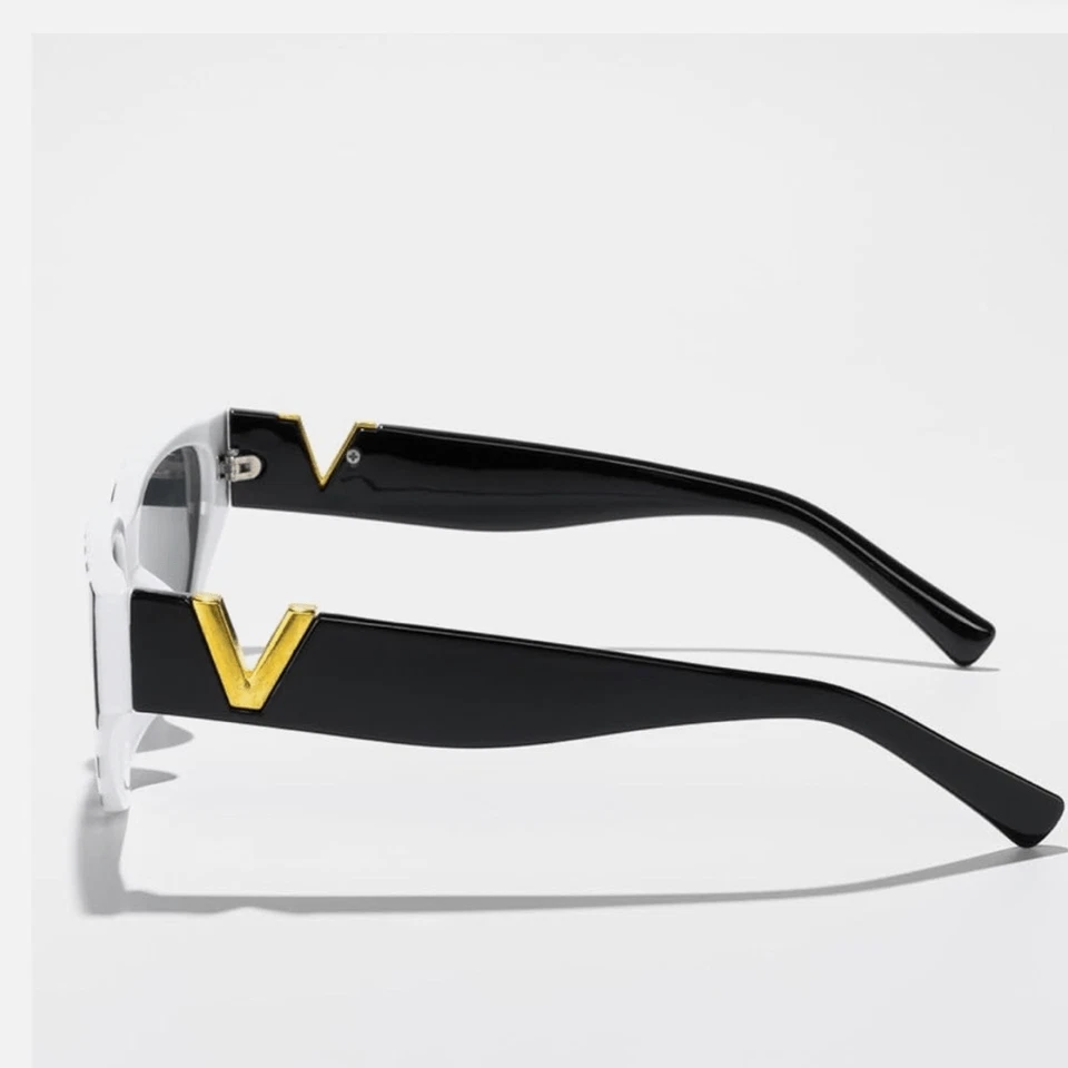 Óculos de sol elegante listrado preto e branco olho de gato - Imagem 2 de 4