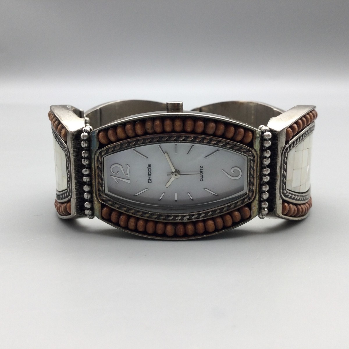 Chicos Ladies Watch As Is Metallic Textured Brown Silver Hinged White MOP Face Chico main image 3