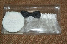 Victoria Lynn White Satin  Sheer Lace Garter Black Bow Rhinestone Fast Shipping