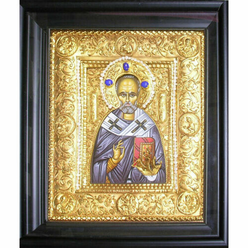 St Nicholas Silver Icon with Stones & Pearls 13 1/2"x11 1/2" - Picture 1 of 1