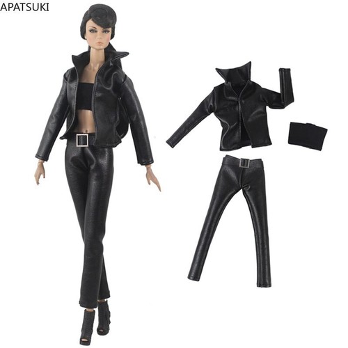 Black Leather Clothes Set For 11.5" Doll Outfits Fashion Coat Jacket Top Pants