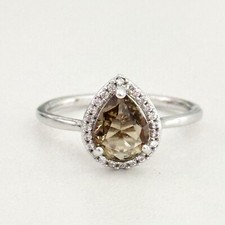 Ladies Smoky Quartz CZ Pear Halo Silver Plated Band Ring Size 9
