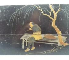ANTIQUE JAPANESE LACQUER PANEL Painting -Man Smoking Kiseru Tobacco Pipe