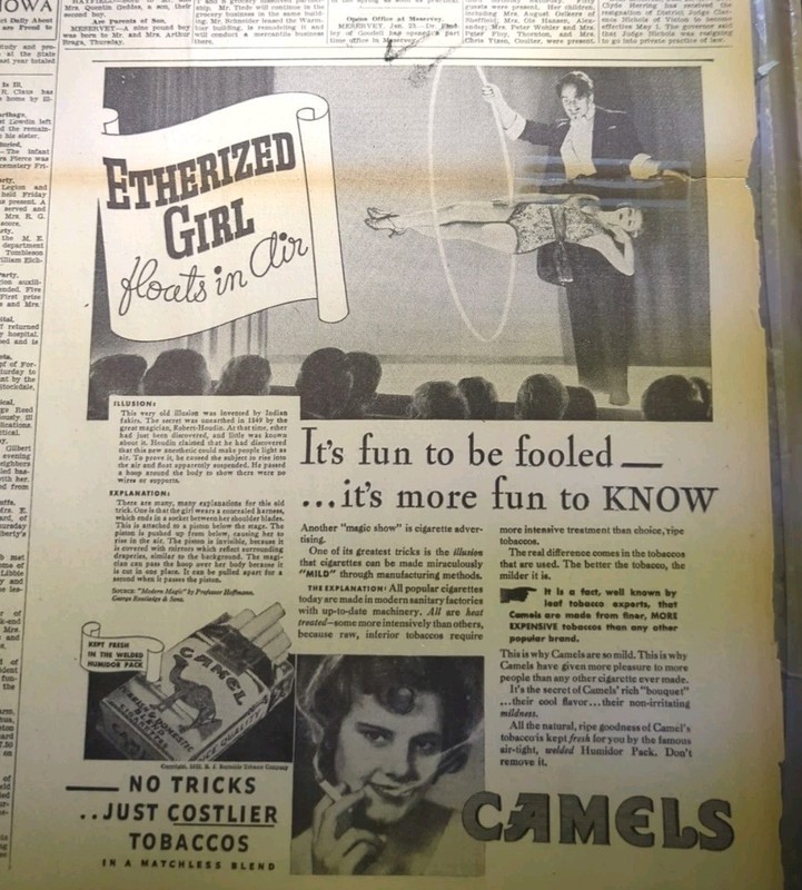 JAN-MAR 1933 NEWSPAPER PAGE #1255- CAMEL CIGARETTE AD FEATURING MAGIC TRICKS- 2P