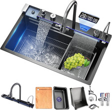 Elegant Dark Gray 33.5" Smart Stainless Steel Waterfall Kitchen Sink Set