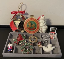 11 Piece Assorted Christmas Brooch/Stick Pin Lot (9) & Vintage Ornaments (2) 