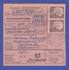 Bund Heuss 60Pfg waag. Paar als MEF auf Ausl.-PAW aus Sinsheim , gepr. Schlegel