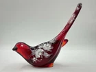 Fenton Ruby Glass Bird Figurine Hand Painted White Flowers Signed Foster