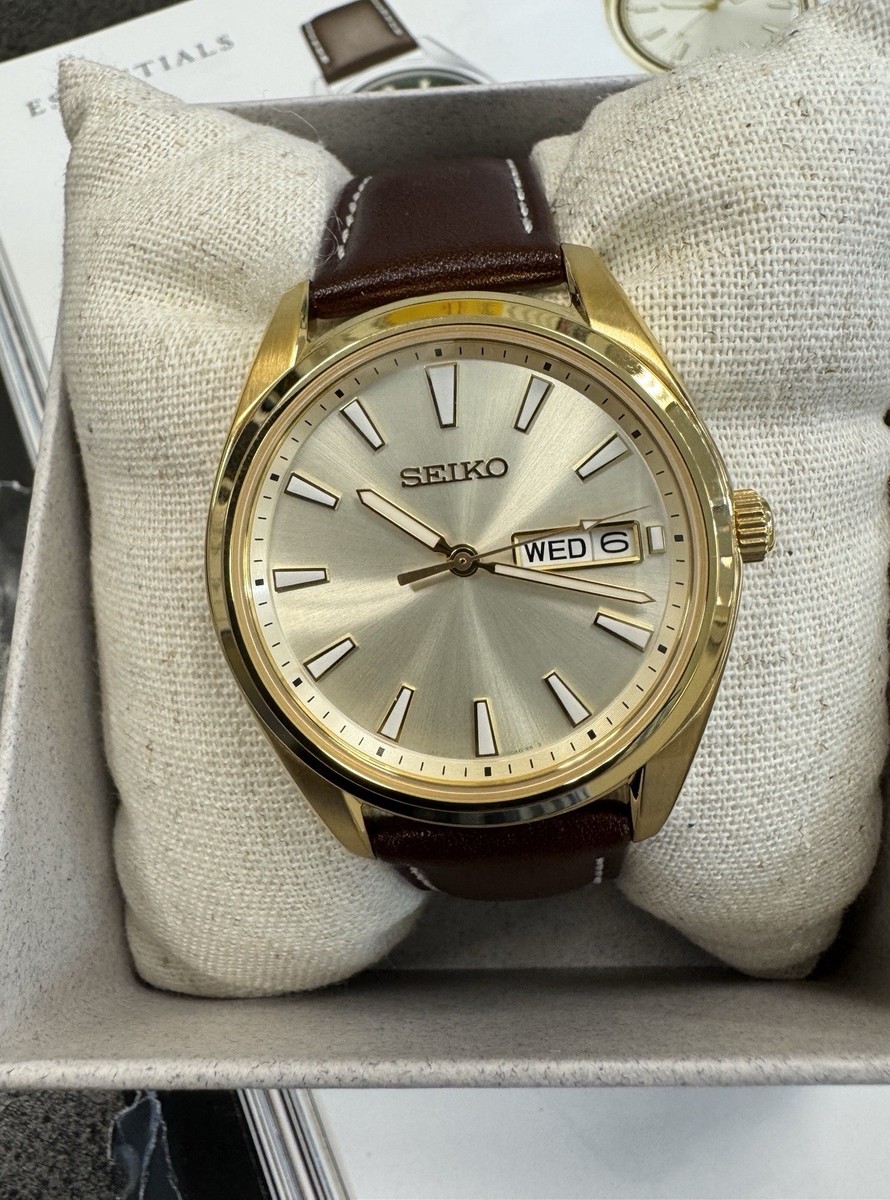 Seiko Quartz Classic Men's Gold Tone Leather Strap Watch SUR450