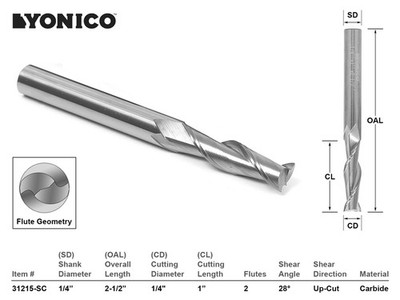 1/4'' Dia. Upcut Spiral End Mill CNC Router Bit - 1/4'' Shank - Yonico 31215-SC