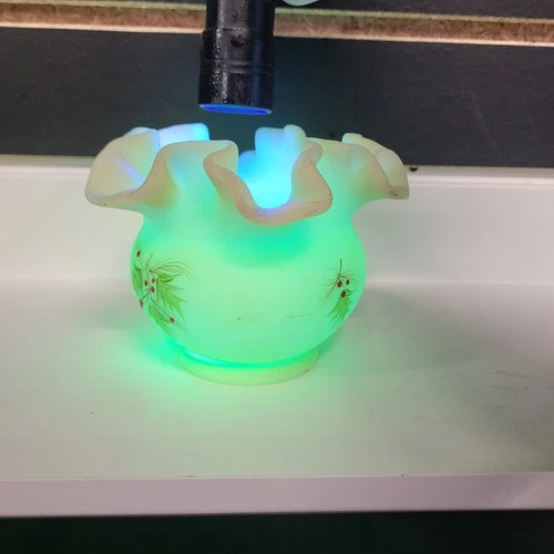 VTG Fenton Ivory Satin Glass Rose Bowl Vase Ruffled Edge Hand Painted Floral