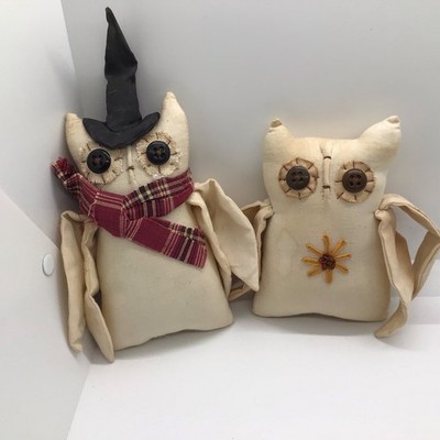 Vintage Primitive Folk Art Whimsical Halloween Owl Cat, stained and old