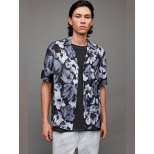 AllSaints Men's Button Up Floral Short-Sleeve Shirt in Black Gray Size XL