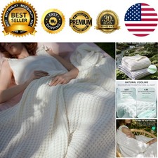 Cooling Waffle Queen Blanket - Lightweight Bamboo Cotton Throw, 90x90 Ivory
