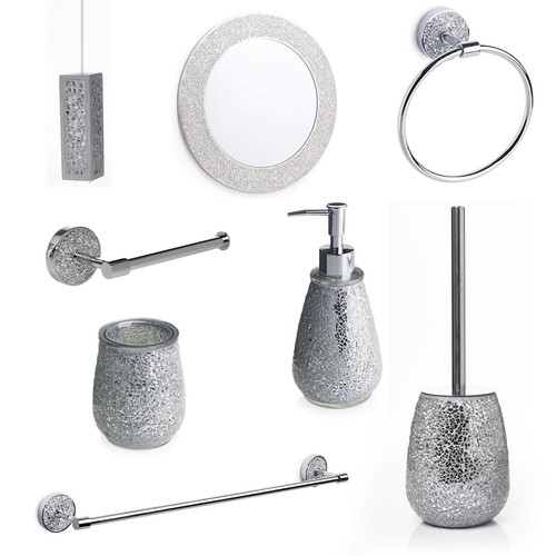Bathroom Accessories Set Silver Mosaic Mirror Toilet Roll Holder Soap