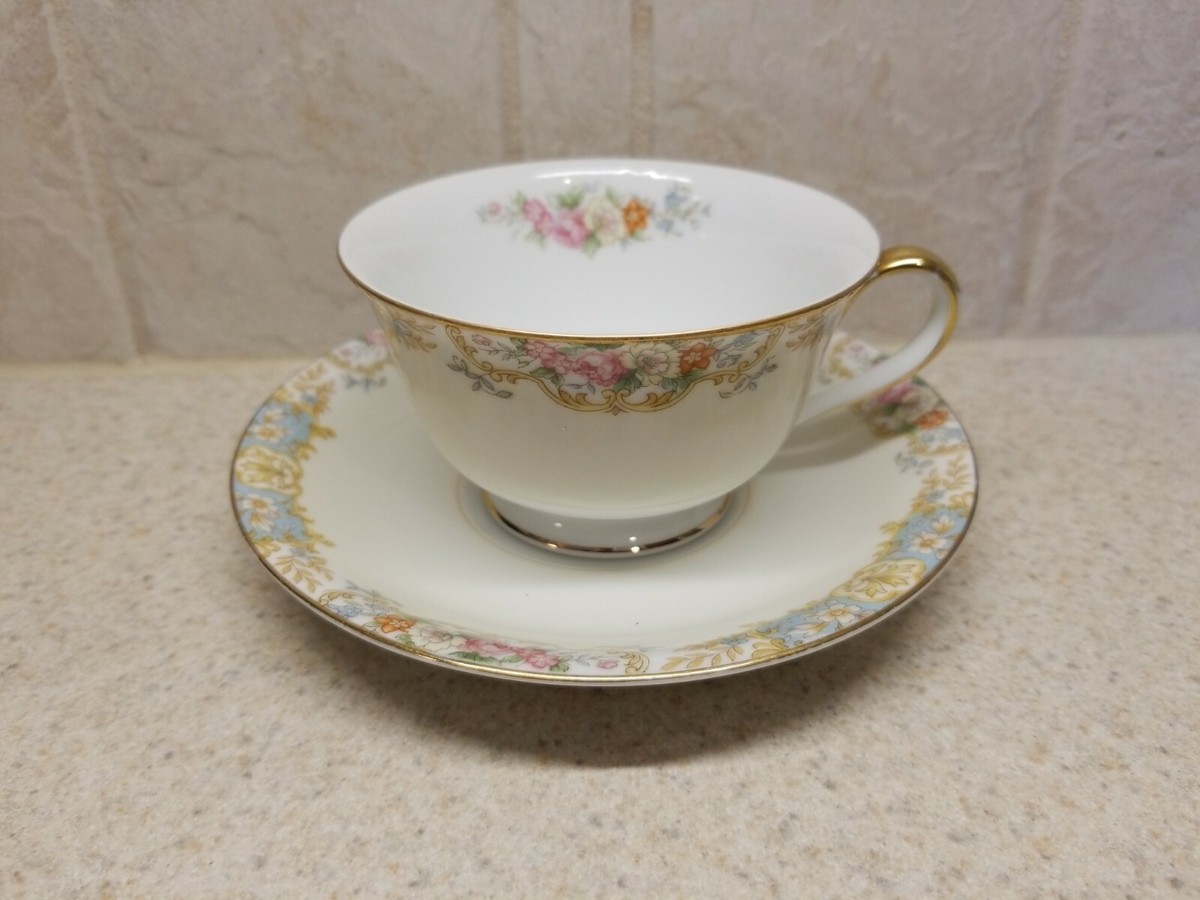 なべち Noritake China N1951 Blue Border Floral Cream Cup and Saucer
