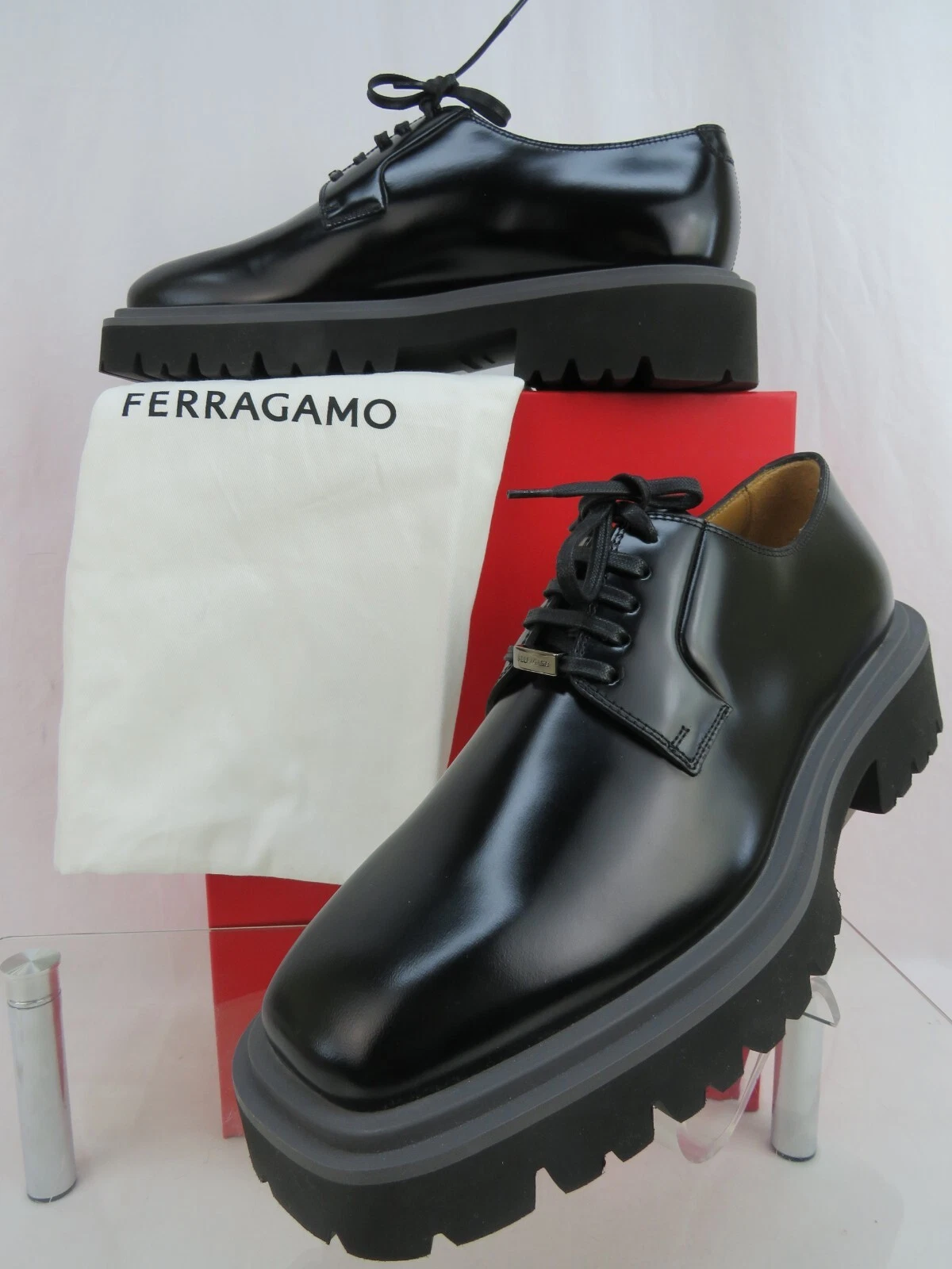 Ferragamo — NIB FERRAGAMO FLICKER BLACK LEATHER  LOGO PLATFORM LUG SOLE OXFORDS 11 M