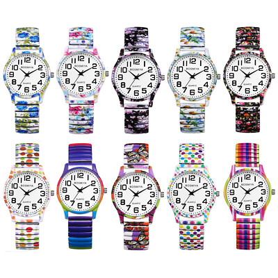 Women Elastic Strap Easy Read Large Dial Analog Vintage Boho Printed Wrist Watch