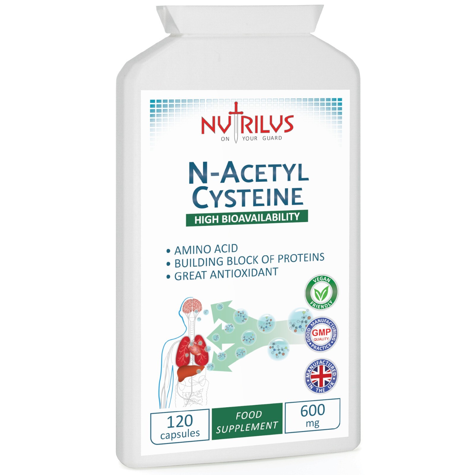 NAC N-Acetyl Cysteine 120 Capsules 600mg Amino Acid - Liver Detox, Lungs, Memory