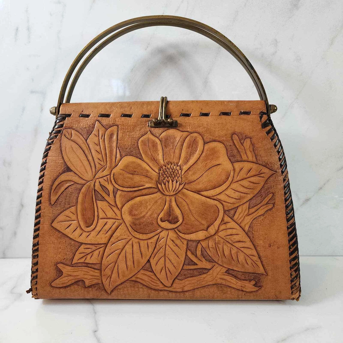 Vintage Leather Handbag Purse Tooled Floral Design with Brass Clasp/Handle  10x10