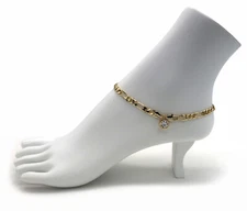 5mm ITALIAN FIGARO CHAIN ANKLET CUBIC ZIRCONIA ANKLE BRACELET 14K GOLD PLATED