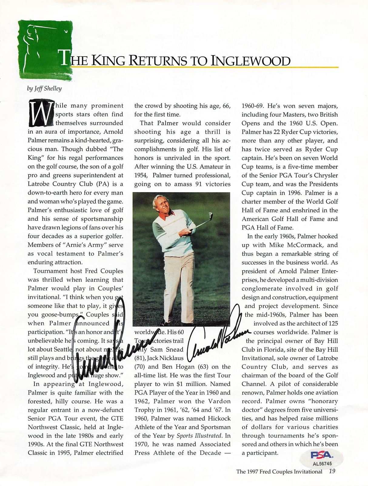 Arnold Palmer Signed Magazine Page Autograph PSA/DNA AL56745
