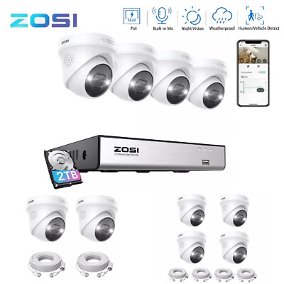 ZOSI 8CH 4K H.265+NVR 5MP PoE Security Camera System Home Dome Outdoor AI Audio