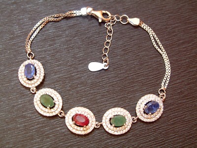 Exclusives Armband - besetzt mit Smaragd & Saphir & Rubin - Sterlingsilber- 925-