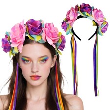 Flower Headband Rose Crown Day of the Dead Headpiece with Ribbon Large, Pink