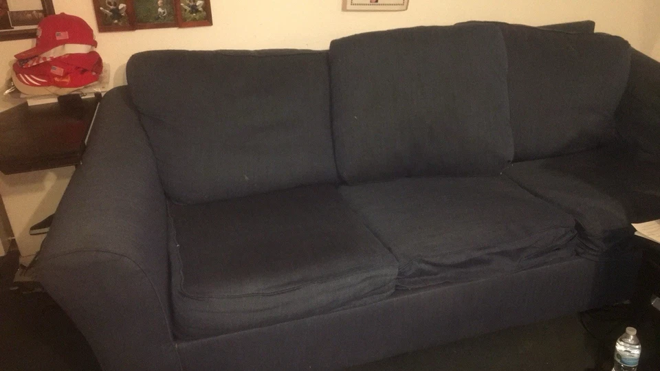 92 Inch Ashley Furniture Sofa Couch with Pillows In Blue Fabric; Contemporary - Image 3 of 4