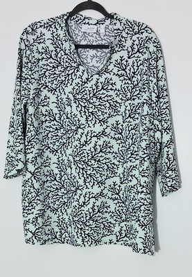 Denim & Co Tunic Womens Size XL Blue V-Neck 3/4-Sleeve Branches Pull-on Preowned