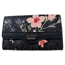 Guess Floral Wallet Black Logo Print Snap Closure Organizer Clutch