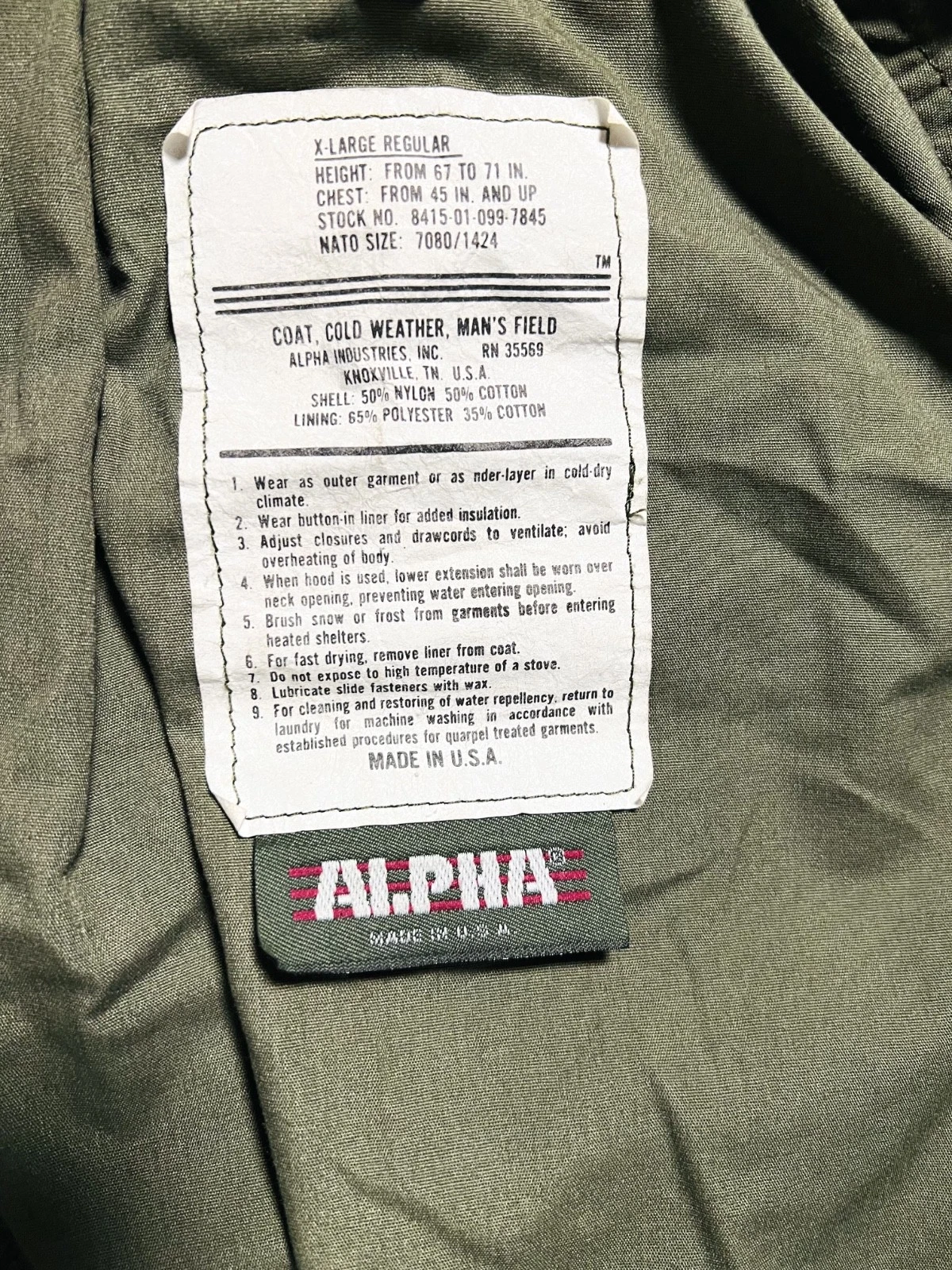 ALPHA - M-65 FIELD JACKET - OLIVE DRAB - XL - MADE IN U.S.A. image 3