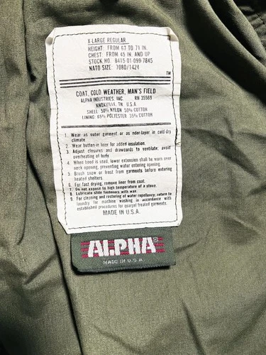 ALPHA - M-65 FIELD JACKET - OLIVE DRAB - XL - MADE IN U.S.A. image 3