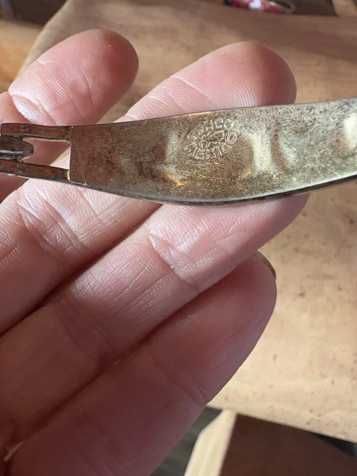 Vintage Mexico Alpaca Silver Hinged Bracelet Abalone Inlay Flower Butterfly B007 - Image 4 of 4