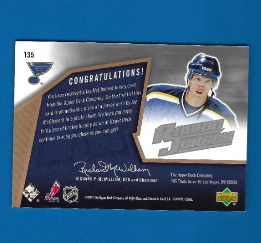 2005-06 SPx Rookie Jersey Jay McClement Relic 606/1999 RC, St. Louis Blues #135 - Image 2 of 2