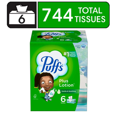 Puffs Plus Lotion Facial Tissue 6 Family Size Boxes 124 Tissues per Box