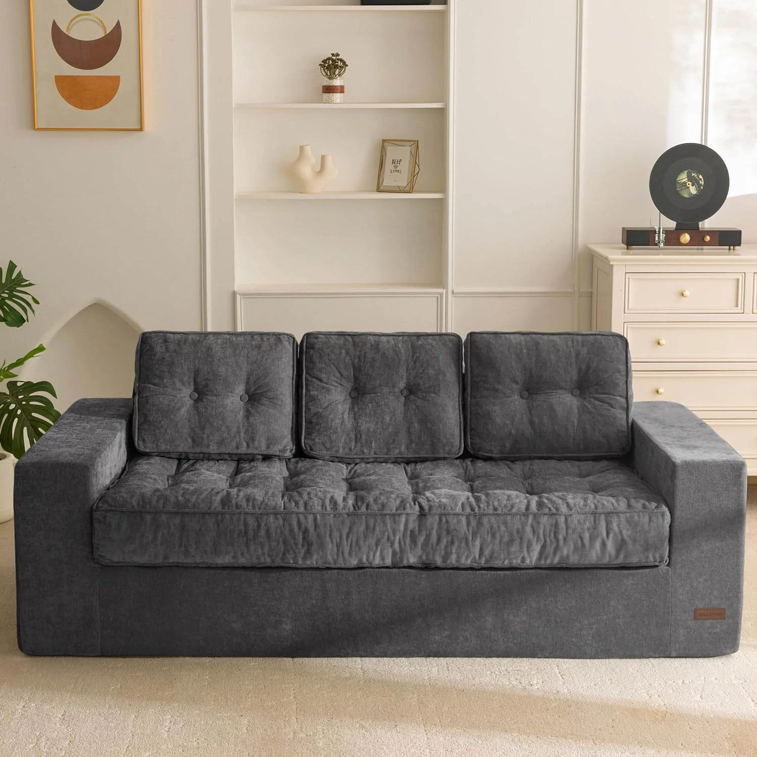 3-Seat Sofa Loveseat Dark Gray Chenille Tufted Button Plush Cushions Cloud Seat