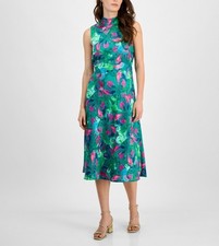 Tahari ASL Midi Dress Jade Rose Print Sleeveless Mock Neck Lined Size US 12 NWT