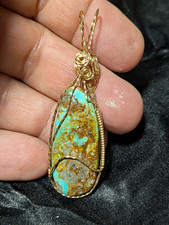 Handcrafted Wire Wrapped Turquoise Teardrop Pendant Gold Art Jewelry