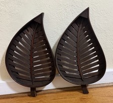 Vintage Carved Wooden Leaf Dish Decor Lot Of 2