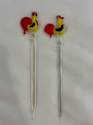 2 VINTAGE VENETIAN MURANO HAND BLOWN GLASS ROOSTER COCKTAIL STICKS