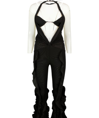 THE KRIPT Jumpsuit schwarz Mesh Rüschendetail Cut Out UK S