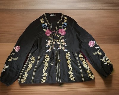 Johnny Was Workshop Chiffon Floral Blouse XS Black Embroidered Tie Long Sleeve