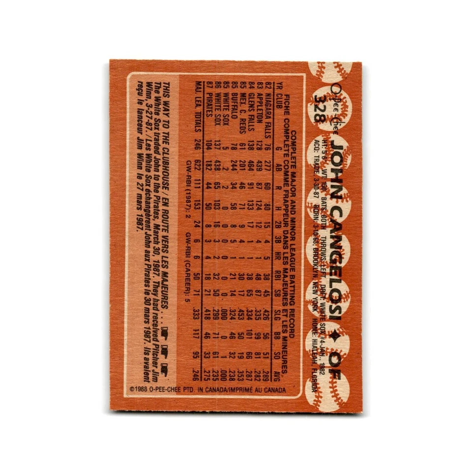 John Cangelosi 1988 O-Pee-Chee #328 Pittsburgh Pirates Baseball Card NM - Image 2 of 3