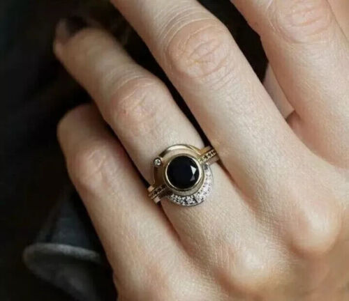 2.00 Ct Round Cut Lab-Created Black Diamond Trio Ring Set 14K Yellow Gold Plated - Picture 2 of 6