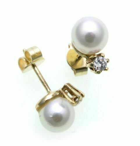 Damen Ohrringe Ohrstecker Gold 585 Gelbgold Brillant 0,16ct Perlen 7mm Diamant - Picture 2 of 2