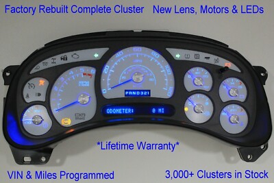 03 04 05 06 CHEVY TAHOE CLUSTER CUSTOM WHITE FACTORY REMAN COMPLETE BLUE LED BS