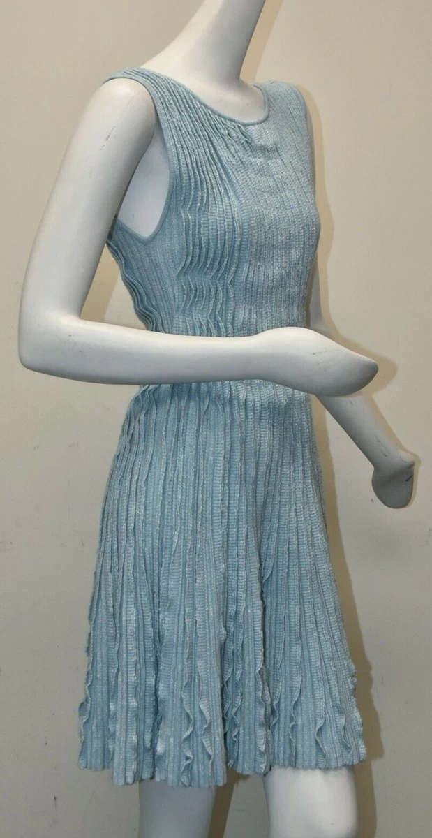 $3000 NEW Chanel Knit Dress Pleated Light Blue CASHMERE LINEN Fit Flare CC  40